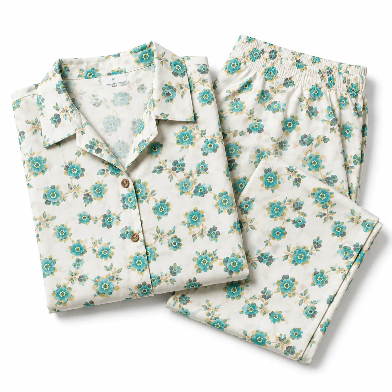 Women's Floral Printed Cotton Night Suit Co-ord Set - Ivory & Aqua