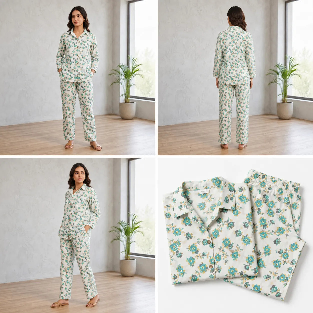 Women's Floral Printed Cotton Night Suit Co-ord Set - Ivory & Aqua