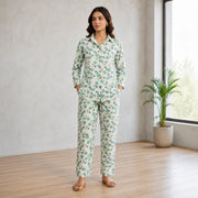 Women's Floral Printed Cotton Night Suit Co-ord Set - Ivory & Aqua