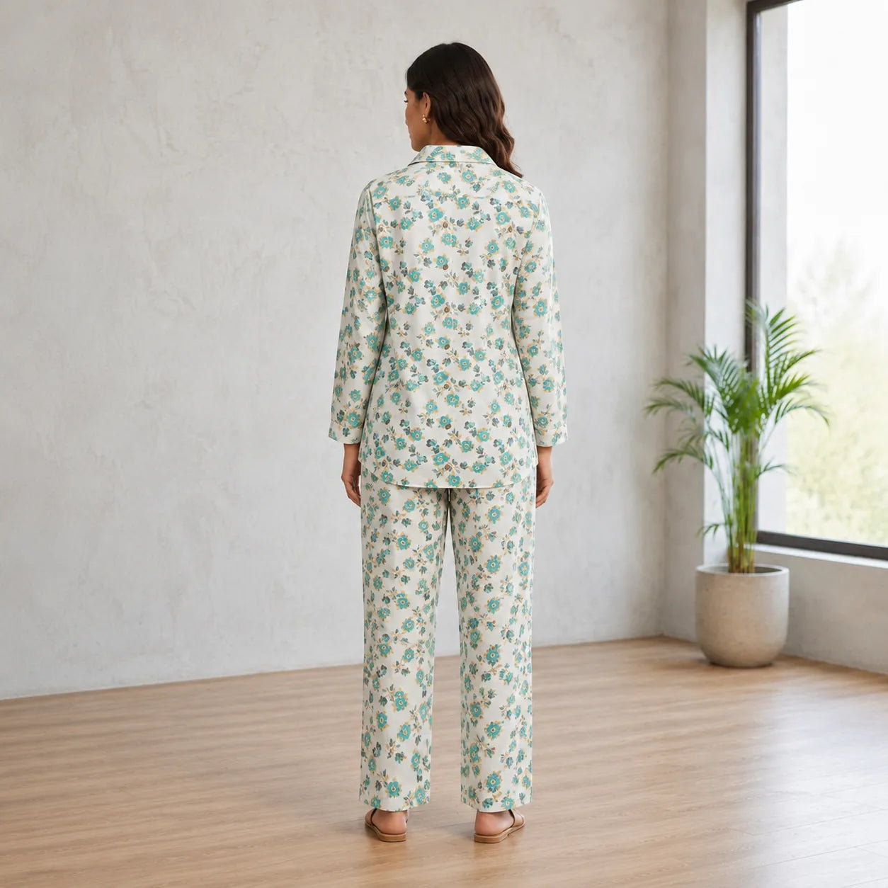 Women's Floral Printed Cotton Night Suit Co-ord Set - Ivory & Aqua
