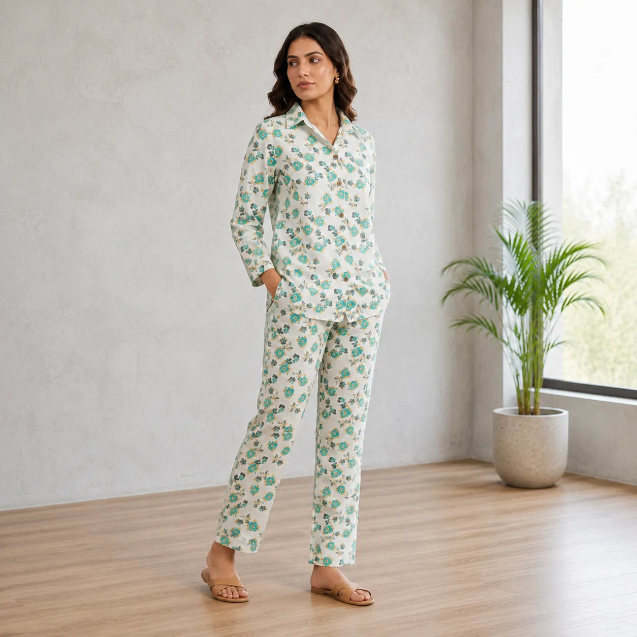 Women's Floral Printed Cotton Night Suit Co-ord Set - Ivory & Aqua