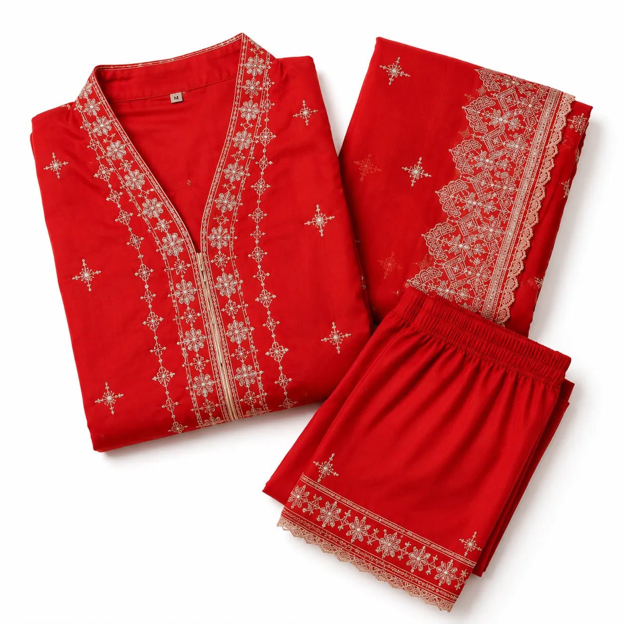 Women's Red Embroidered Straight Kurta Pant Set with Organza Dupatta