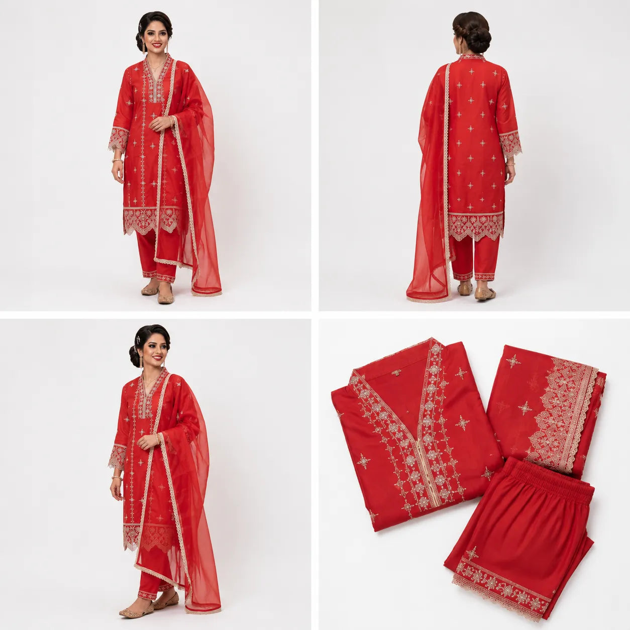 Women's Red Embroidered Straight Kurta Pant Set with Organza Dupatta