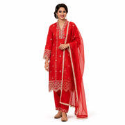 Women's Red Embroidered Straight Kurta Pant Set with Organza Dupatta