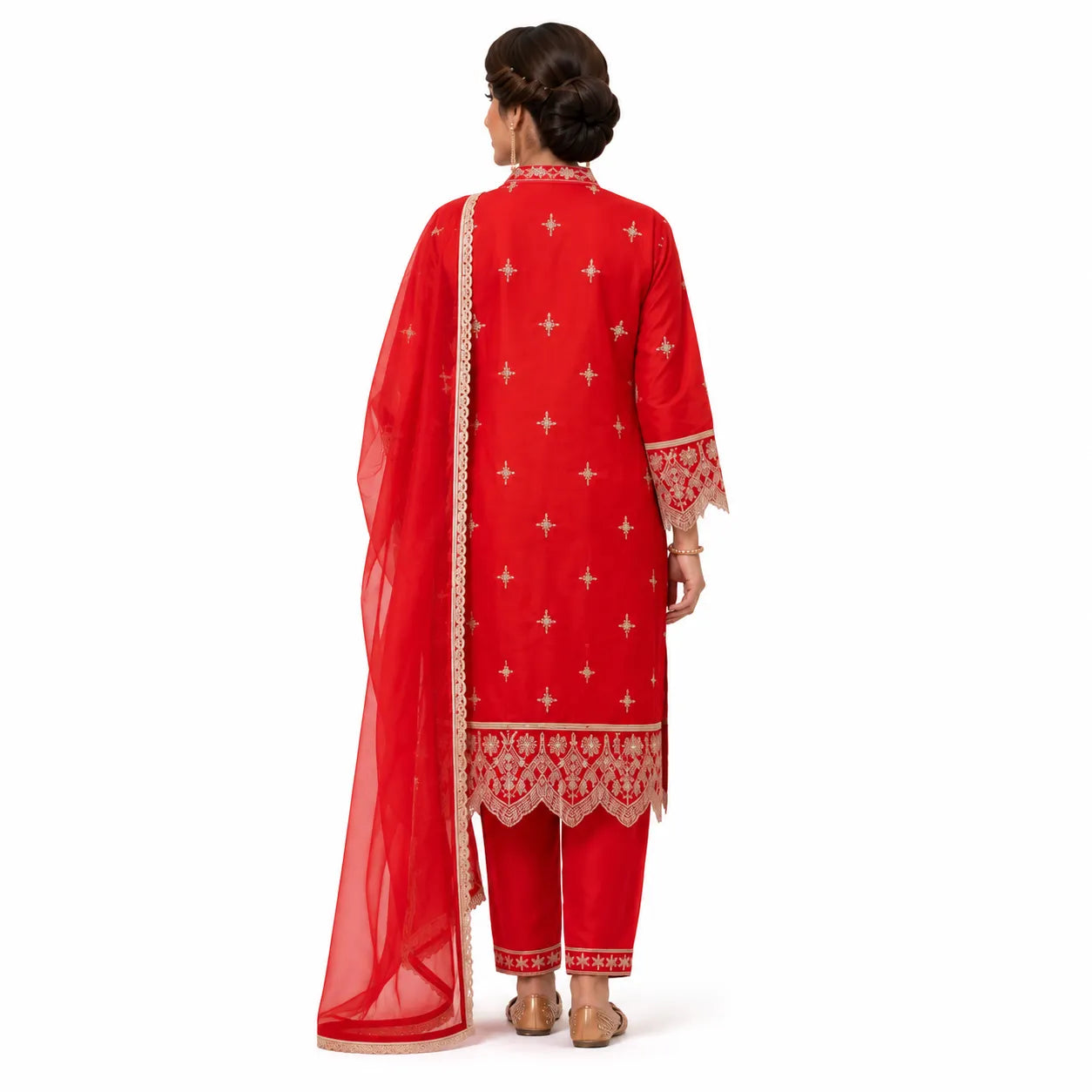 Women's Red Embroidered Straight Kurta Pant Set with Organza Dupatta
