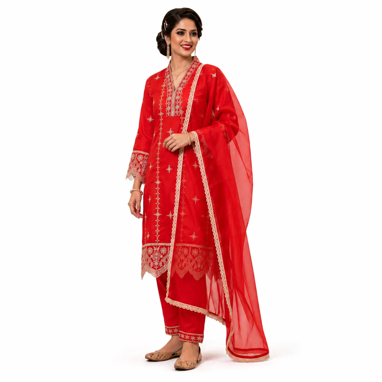 Women's Red Embroidered Straight Kurta Pant Set with Organza Dupatta