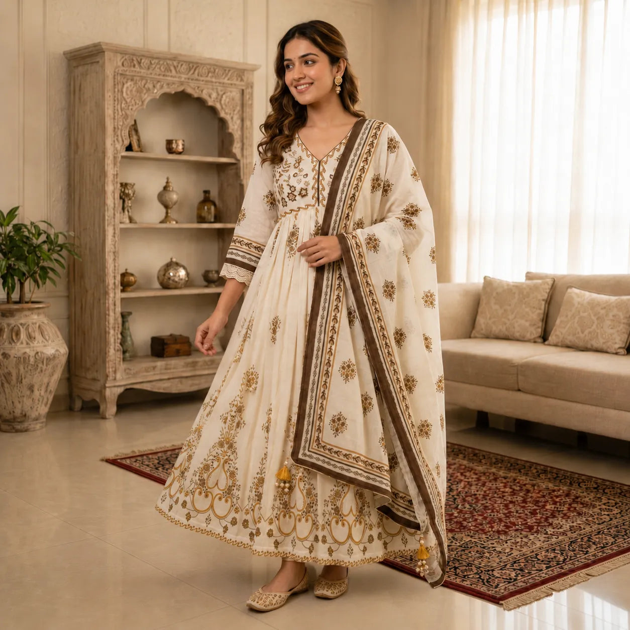 Women's Ivory & Gold Printed Anarkali Kurta Set with Dupatta