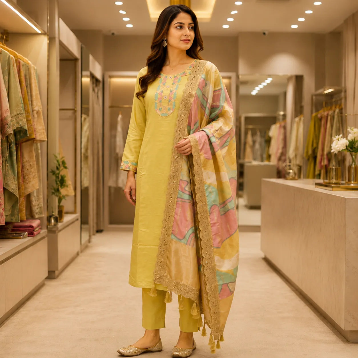Women's Lemon Yellow Straight Kurta Set with Printed Dupatta