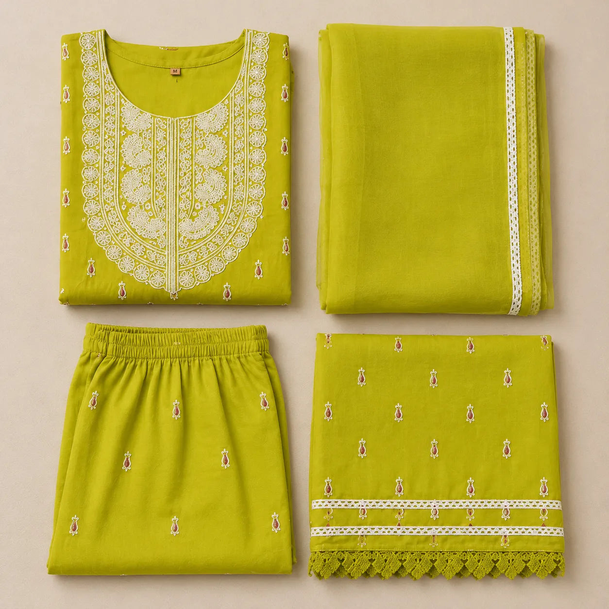 Women's Lime Green Embroidered Anarkali Kurta Set, Dupatta