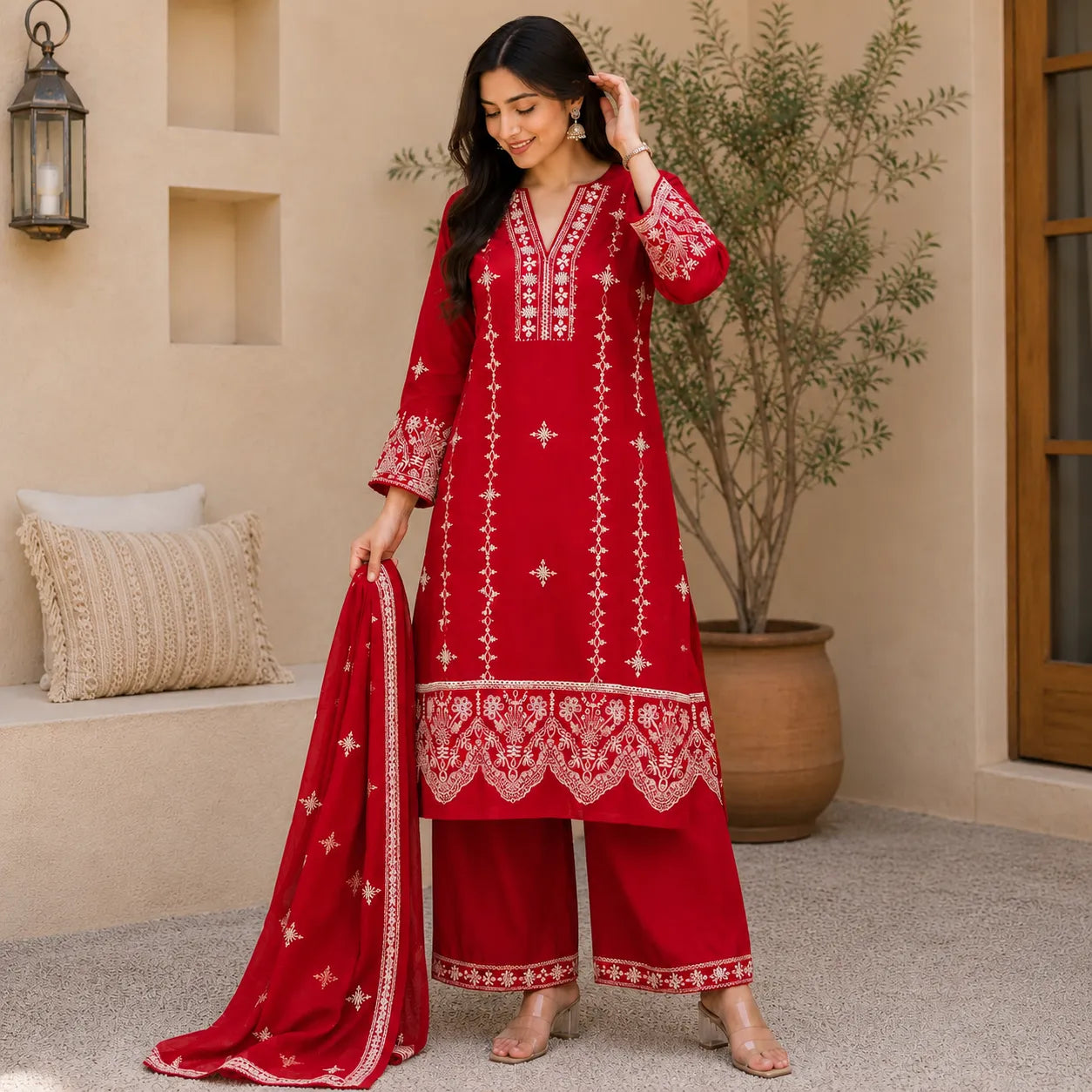 Women's Red Embroidered Kurta Set with Palazzo & Dupatta