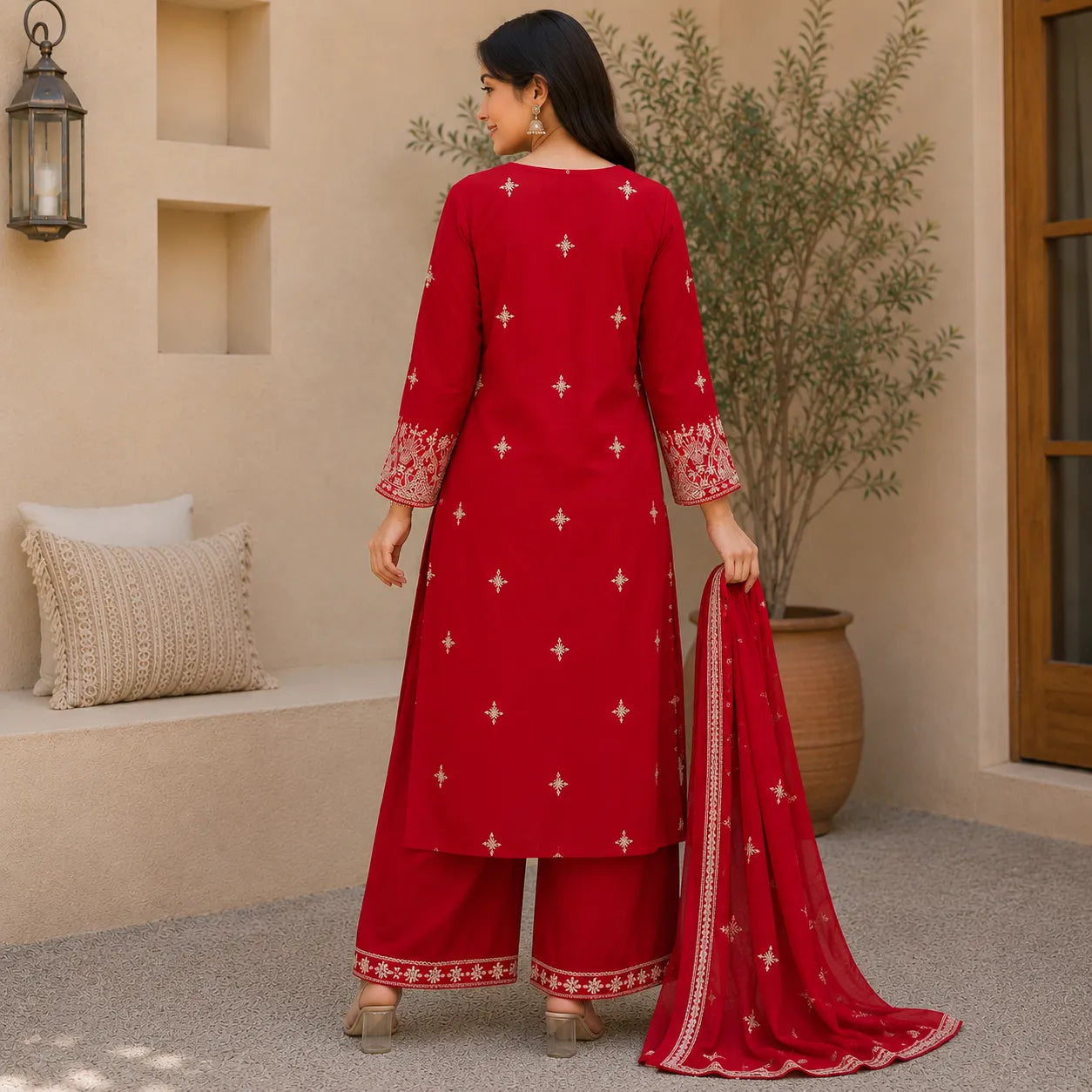 Women's Red Embroidered Kurta Set with Palazzo & Dupatta