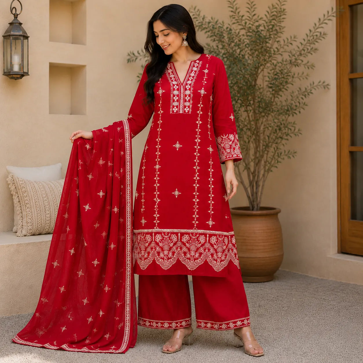 Women's Red Embroidered Kurta Set with Palazzo & Dupatta