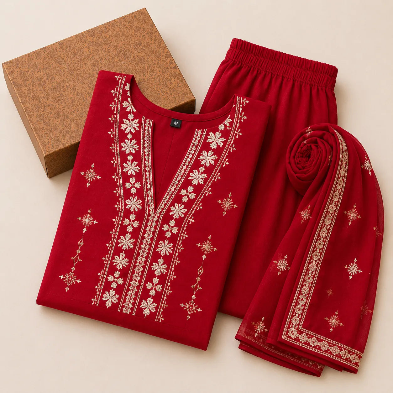 Women's Red Embroidered Kurta Set with Palazzo & Dupatta
