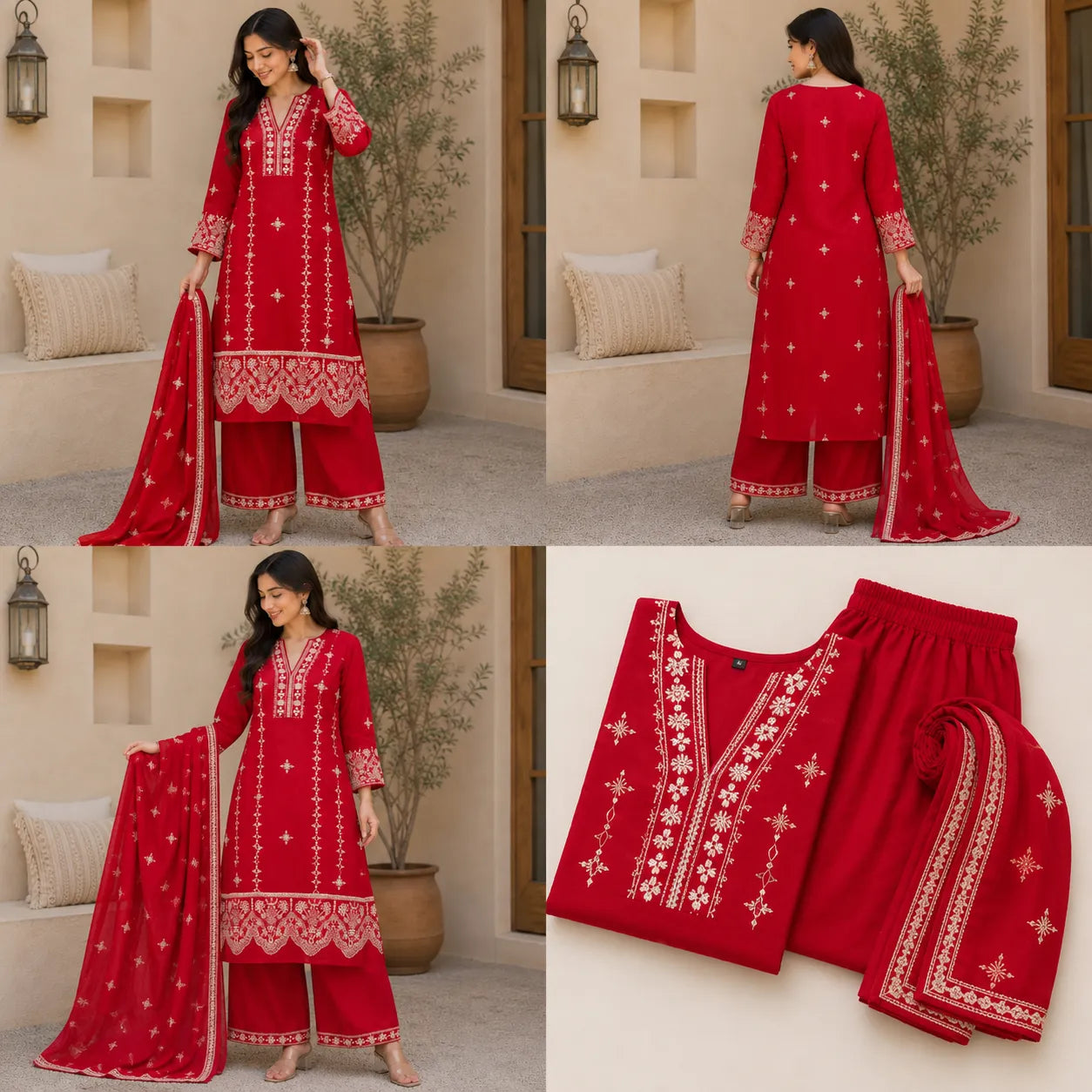 Women's Red Embroidered Kurta Set with Palazzo & Dupatta