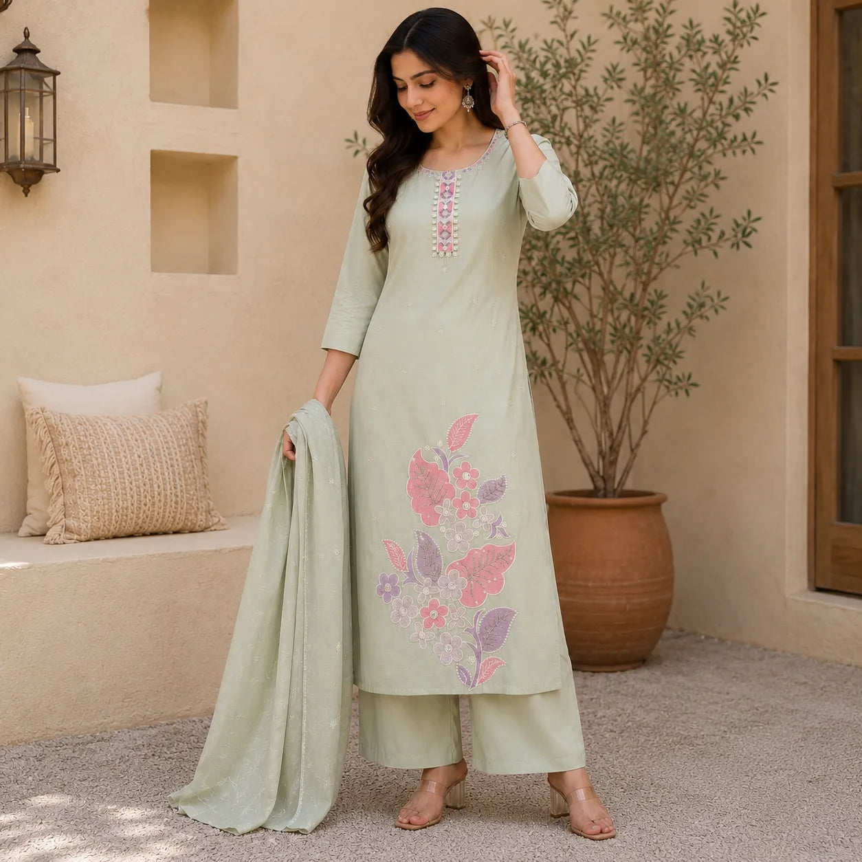 Women's Sage Green Floral Embroidered Kurta Set with Palazzo & Dupatta