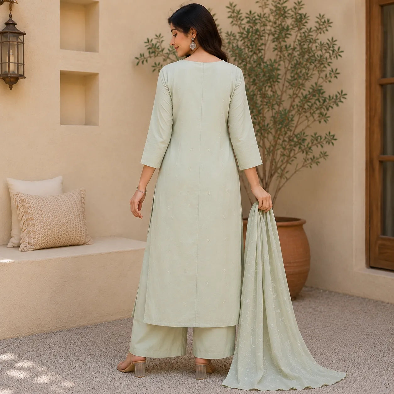 Women's Sage Green Floral Embroidered Kurta Set with Palazzo & Dupatta