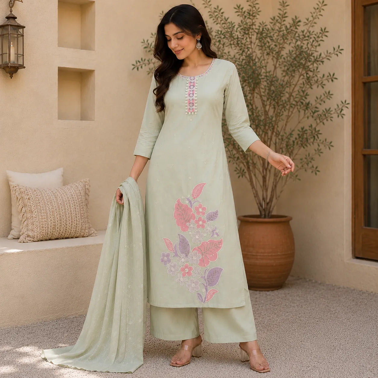 Women's Sage Green Floral Embroidered Kurta Set with Palazzo & Dupatta