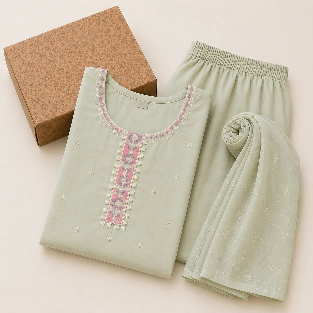 Women's Sage Green Floral Embroidered Kurta Set with Palazzo & Dupatta