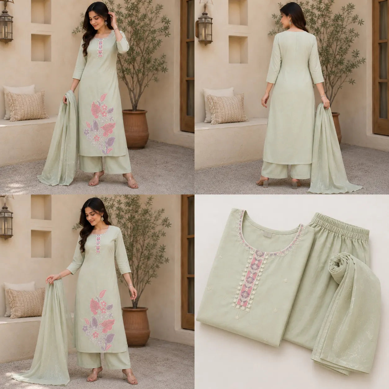Women's Sage Green Floral Embroidered Kurta Set with Palazzo & Dupatta