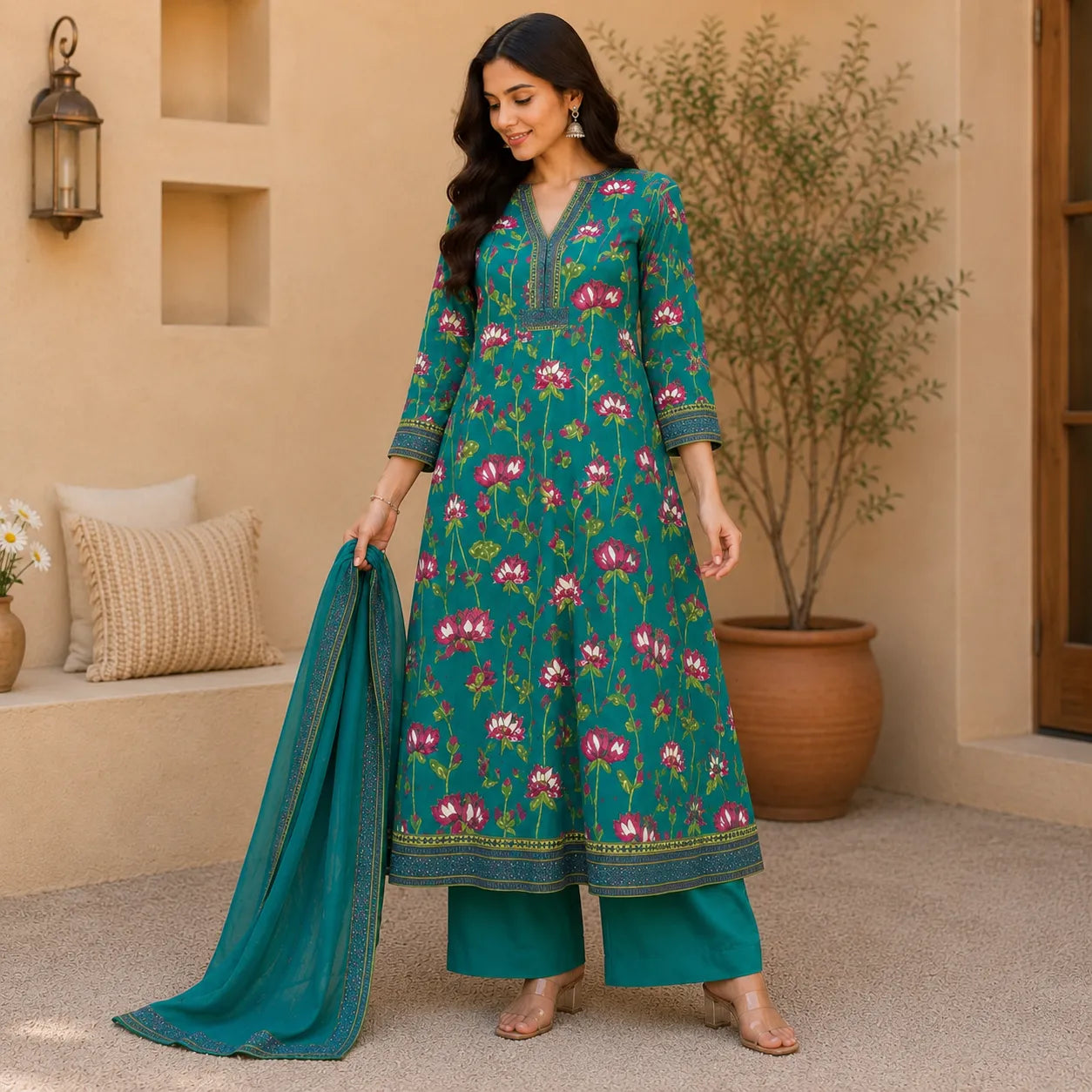 Women's Teal Floral Printed Kurta Set with Palazzo & Dupatta