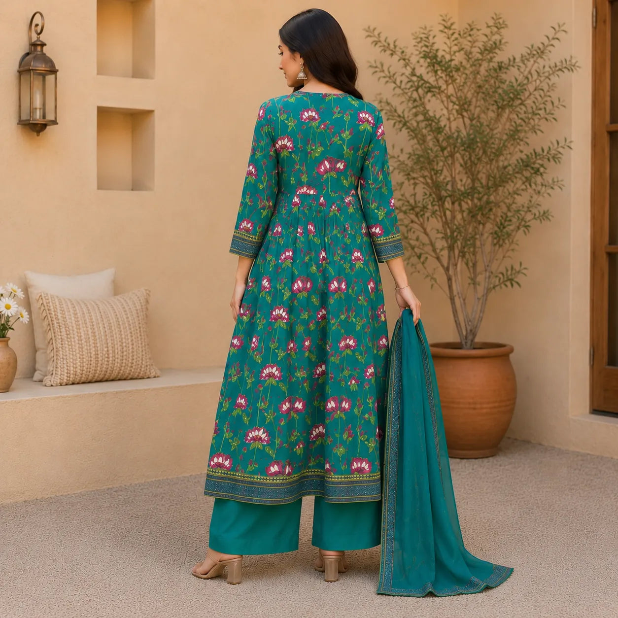 Women's Teal Floral Printed Kurta Set with Palazzo & Dupatta