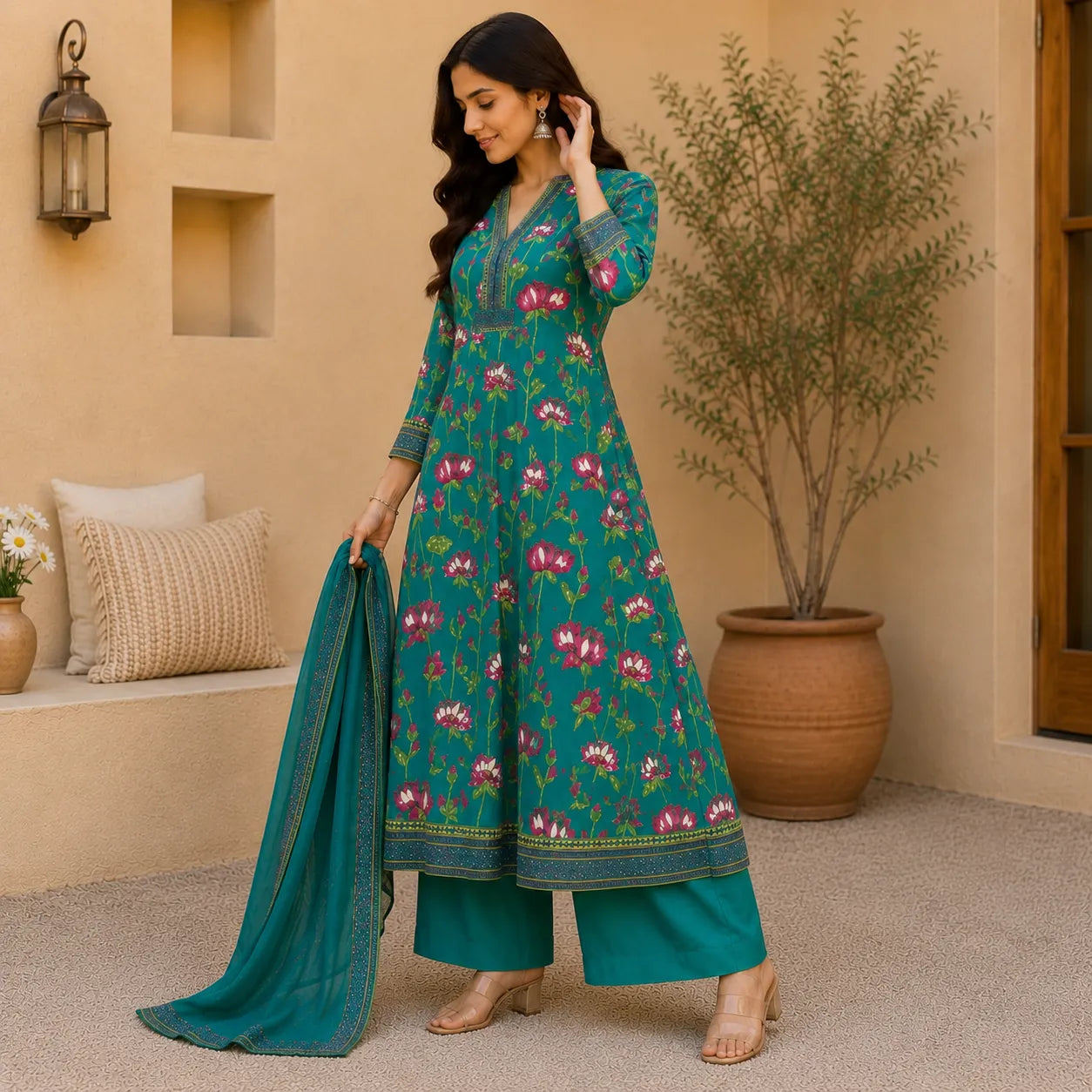 Women's Teal Floral Printed Kurta Set with Palazzo & Dupatta
