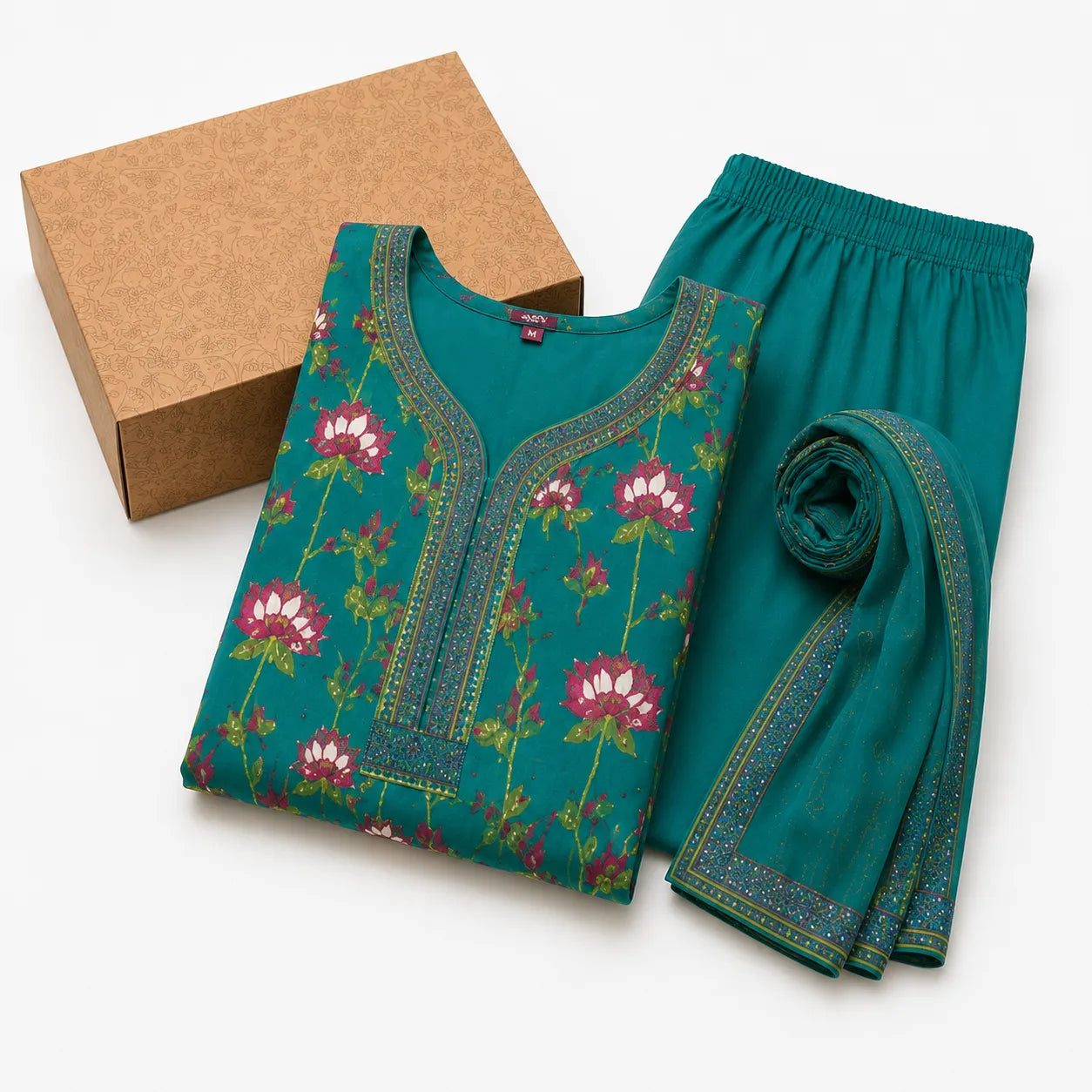 Women's Teal Floral Printed Kurta Set with Palazzo & Dupatta