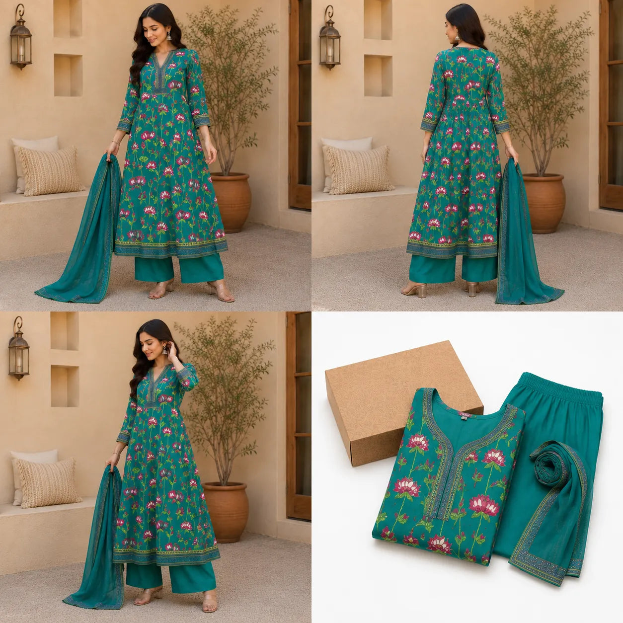 Women's Teal Floral Printed Kurta Set with Palazzo & Dupatta